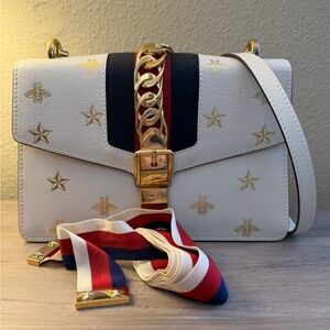Gucci Sylvie White Leather Bag with Gold Bee and Star Print!  Comes with COA!